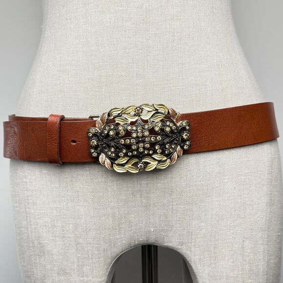 CAbi Floral Filigree Statement Buckle Leather Belt Tan Brown Size M Boho Western main image 4